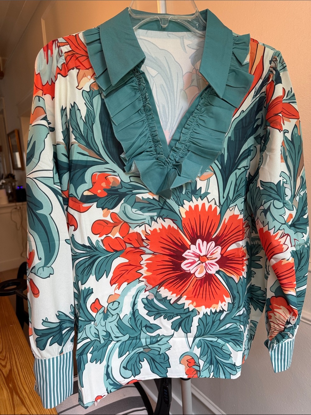 Floral Ruffle V-Neck Blouse in Teal and Coral